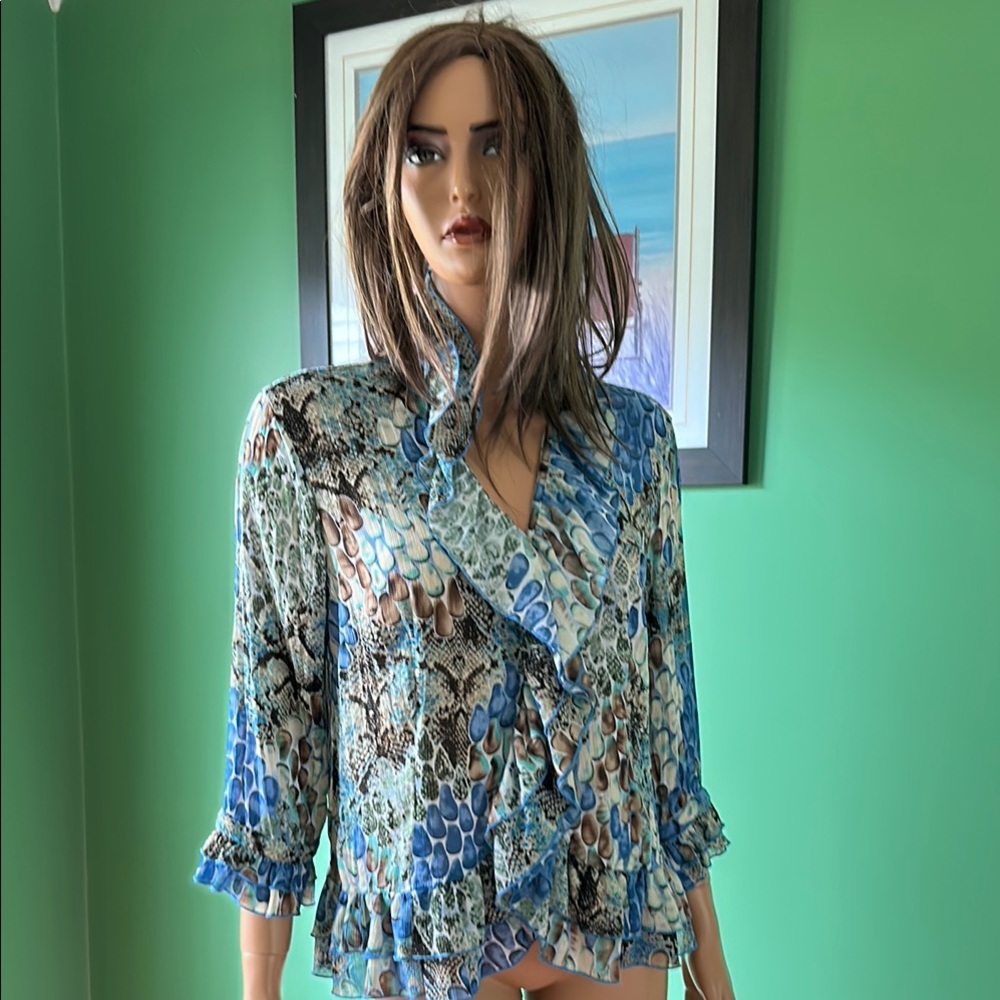 🤎🤎Vintage Agora Blue/Tan Ruffled Bib Collar Blouse🤎🤎